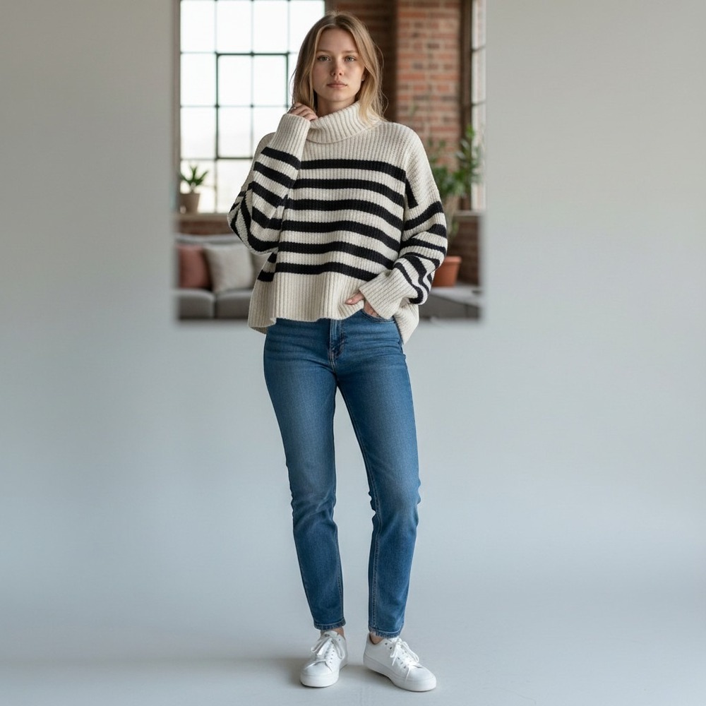 Quince Women Striped Cable Knit Turtleneck Sweater White Black Small